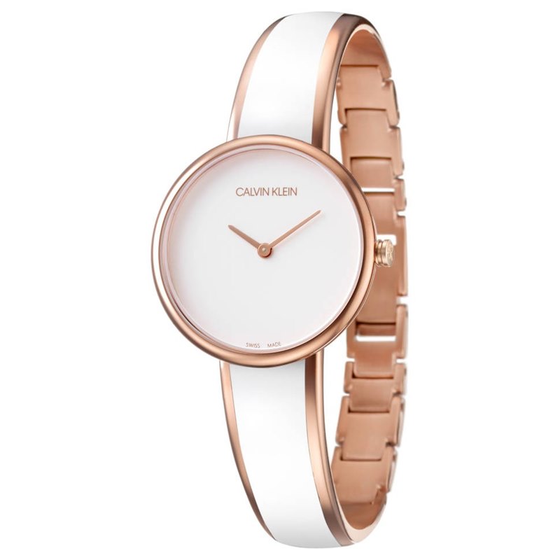 K4E2N111 CK שעון קלווין קליין צמיד זהב רוז בשילוב לבן | שעונים חדשים צמידים מיוחדים של CK | מנגנון שווצרי | שנתיים אחריות | מלאי מוגבל | Calvin Klein Seduce Women Quartz K4E2N616 Watch