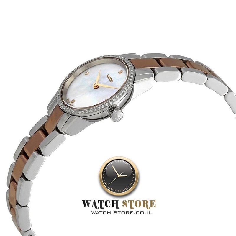 R22892942 ראדו רוז גולד מסדרת קופל לאישה | דגם טוטון קרמיקה רוז בלוח לבן פנינה משובץ בבאזל 62 יהלומים | שנתיים אחריות | Rado Coupole Classic White Mother of Pearl Diamond Dial Ladies Watch R22890952
