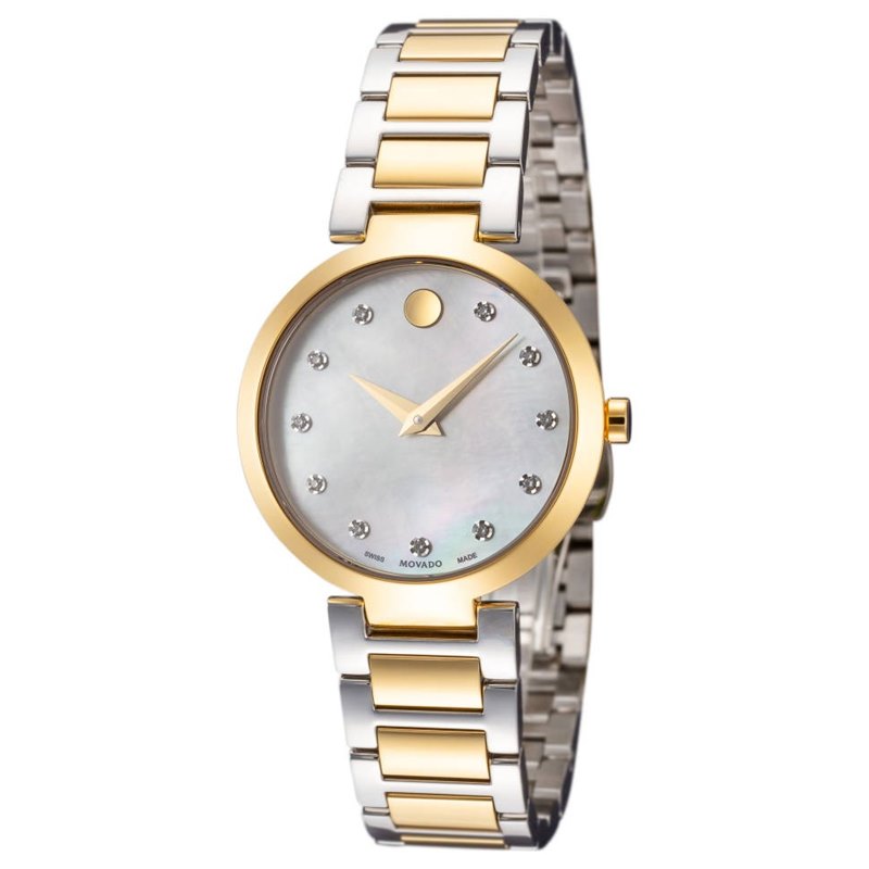 0607103 מובאדו יהלומים לנשים | שעון משובץ 12 יהלומים בלוח פנינה מיוחד | שילוב של זהב וכסף | חנות שעוני יוקרה בראשון לציון | Movado Modern Classic 28mm Swiss Quartz Diamond Women';s Watch 0607103