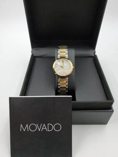 0607103 מובאדו יהלומים לנשים | שעון משובץ 12 יהלומים בלוח פנינה מיוחד | שילוב של זהב וכסף | חנות שעוני יוקרה בראשון לציון | Movado Modern Classic 28mm Swiss Quartz Diamond Women';s Watch 0607103