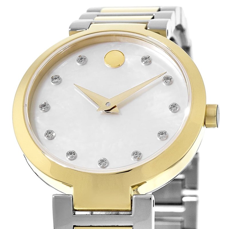 0607103 מובאדו יהלומים לנשים | שעון משובץ 12 יהלומים בלוח פנינה מיוחד | שילוב של זהב וכסף | חנות שעוני יוקרה בראשון לציון | Movado Modern Classic 28mm Swiss Quartz Diamond Women';s Watch 0607103