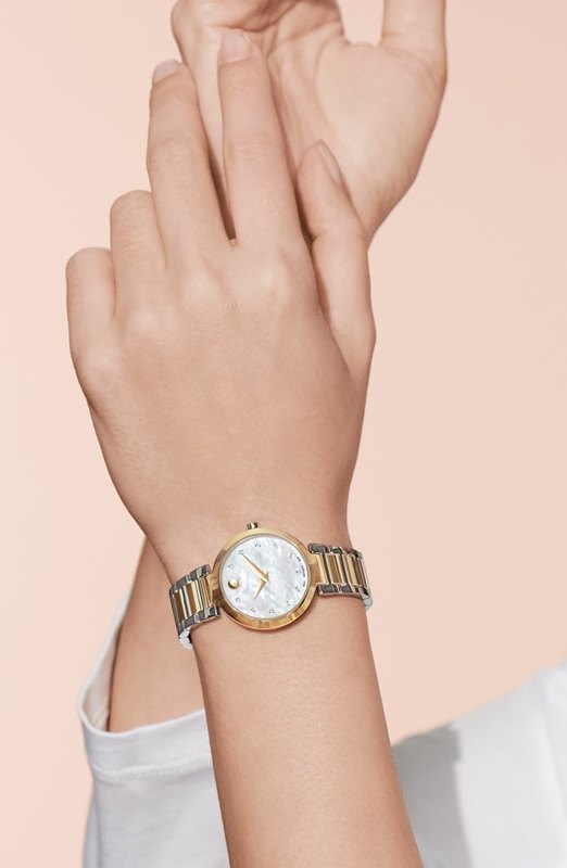 0607103 מובאדו יהלומים לנשים | שעון משובץ 12 יהלומים בלוח פנינה מיוחד | שילוב של זהב וכסף | חנות שעוני יוקרה בראשון לציון | Movado Modern Classic 28mm Swiss Quartz Diamond Women';s Watch 0607103