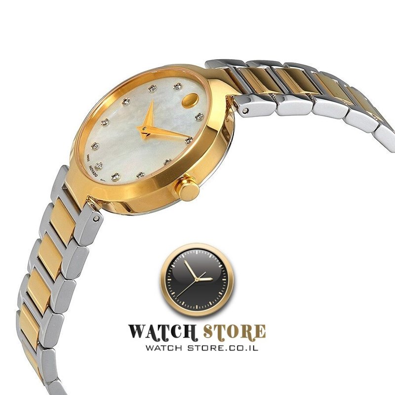 0607103 מובאדו יהלומים לנשים | שעון משובץ 12 יהלומים בלוח פנינה מיוחד | שילוב של זהב וכסף | חנות שעוני יוקרה בראשון לציון | Movado Modern Classic 28mm Swiss Quartz Diamond Women';s Watch 0607103