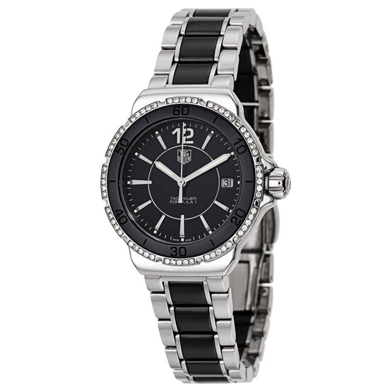 WAH1212-BA0859 שעון יוקרה של טאג הויאר יד 2 | דגם משובץ 60 יהלומים | רצועת פלדה משולבת קרמיקה | עמידות גבוהה למים | מצב חדש !! שנה אחריות | TAG Heuer Formula 1 Ladies Watch