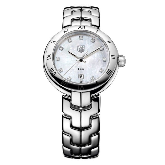 WAT1417-BA0954 שעון טאג הויאר לנשים מסדרת לינק היוקרתית | לוח לבן פנינה כולל 11 יהלומים | שנתיים אחריות | שעוני יוקרה לאישה | Tag Heuer Link collection Women';s Watch, Model Number WAT1417.BA0954