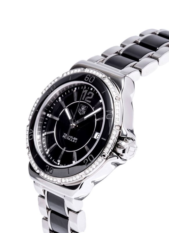 WAH1212-BA0859 שעון יוקרה של טאג הויאר יד 2 | דגם משובץ 60 יהלומים | רצועת פלדה משולבת קרמיקה | עמידות גבוהה למים | מצב חדש !! שנה אחריות | TAG Heuer Formula 1 Ladies Watch