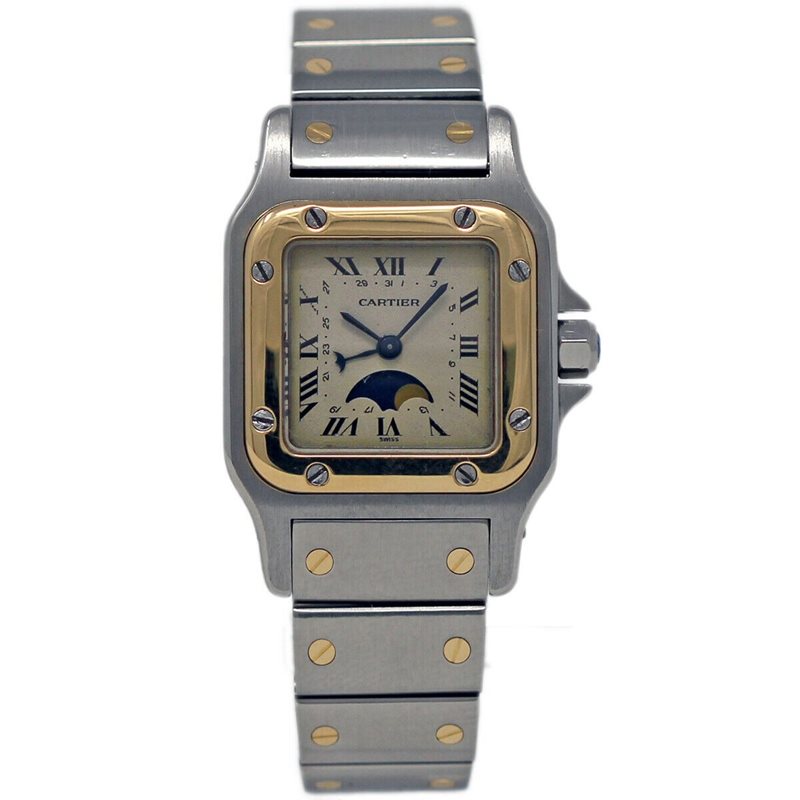 119902 שעון קרטייה סנטוס לנשים יד שנייה | דגם הדגל של קרטייה ברצועה משולבת ובאזל 18K | דגם מיוחד של תצוגת ירח אותיות רומיות ומחוג תאריכון| שנה אחריות |Cartier Santos Galbee Moon Phase 119902 Women';s