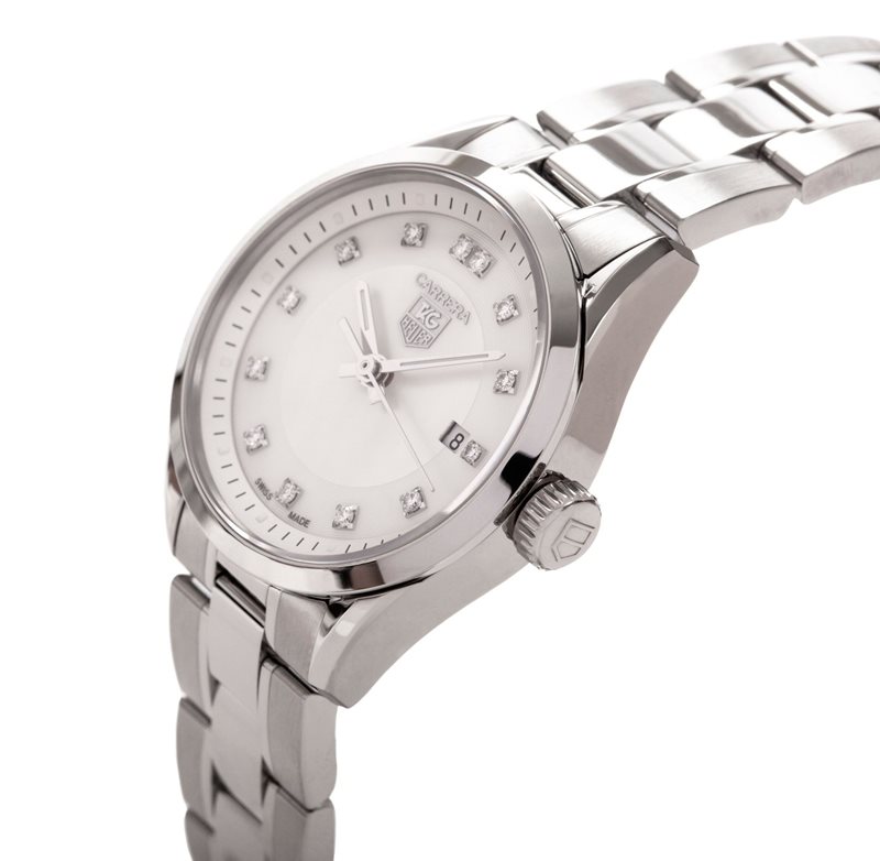 WV1411-BA0793 שעון טאג הויאר קררה לנשים | דגם משובץ 13 יהלומים בלוח פנינה | שעוני יוקרה שווצרים לנשים במבצע | Tag Heuer Carrera Ladies WV1411.BA0793 Ladies Quartz watch. 27 mm Steel case