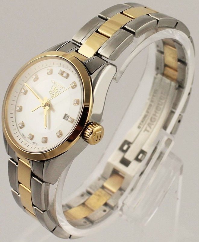 WV1450-BD0797 שעון טאג הויאר 18 קראט מסדרת קררה היוקרתית לנשים | דגם משובץ 13 יהלומים בלוח פנינה | שעוני יוקרה שווצרים לנשים | מלאי מוגבל | Tag Heuer WV1450.BD0797 Carrera Women';s 18kt yellow gold