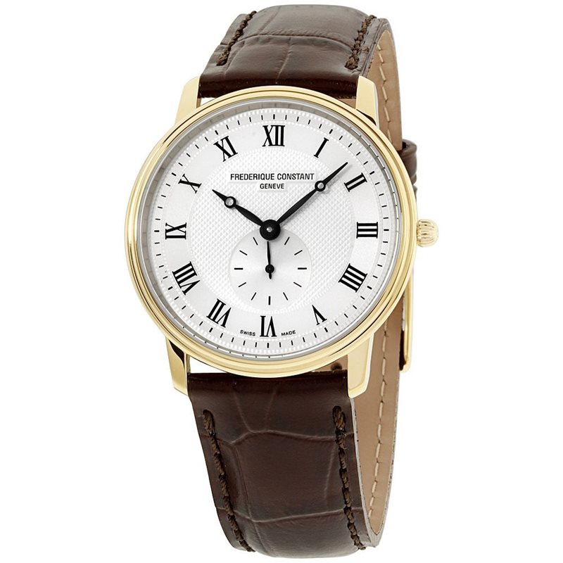 FC-235M4S5 פרדריק קונסטנט שעון יוקרה לגבר דגם מסדרת סלימליין דגם דק במיוחד ברצועת עור חומה | לוח לבן מיוחד רומיות | שעון שניון קטן בלוח | שנתיים אחריות Frederique Constant Slimline Quartz FC-235M4S5