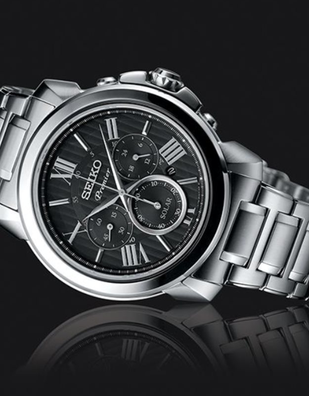 SSC597P1 סייקו שעון יד לגברים מסדרת פרמייר היוקרתית | דגם סולארי בלוח שחור מיוחד | כרונוגרף עם טעינה לחצי שנה | שנתיים אחריות | Seiko Premier Solar Chronograph Sapphire Watch SSC597P1