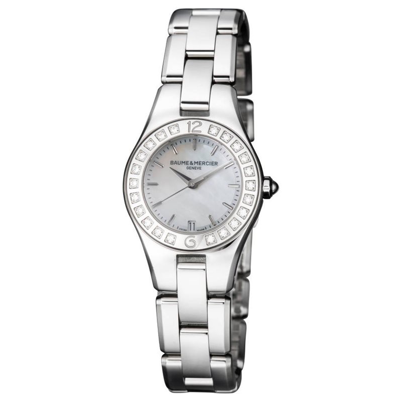 10078 שעון יוקרה לנשים של המותג השווצרי באום & מרסייה | באזל השעון משובץ ב 22 יהלומים | מגיע עם רצועת עור נוספת | לוח פנינה מרשים | שנתיים אחריות |10078 | Baume & Mercier Linea Diamond-set Steel 27mm