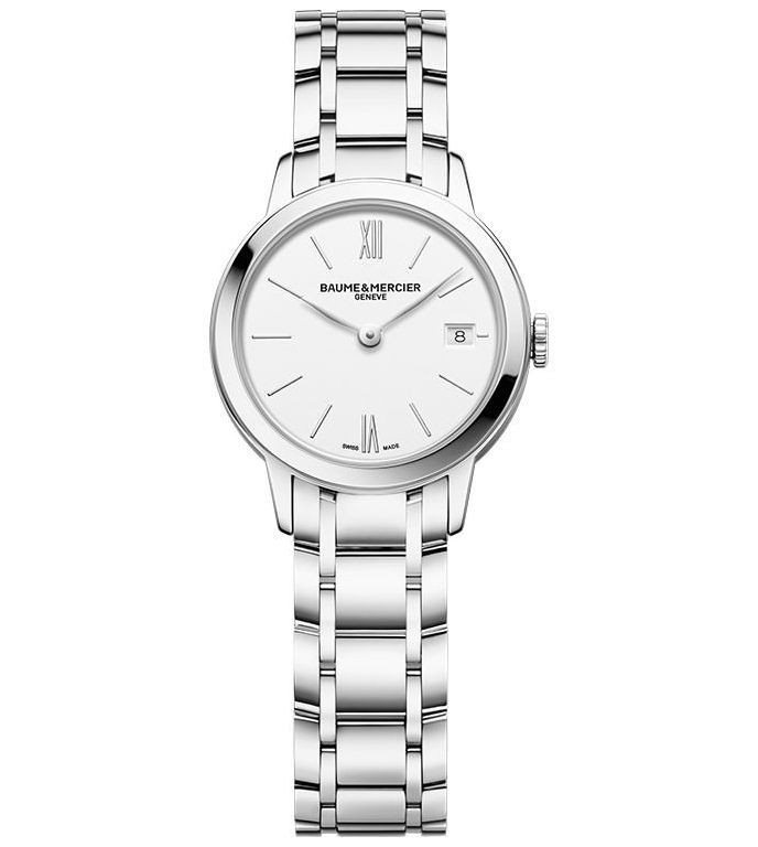 10489 שעון יוקרה של באום מרסייה לנשים | דגם מסדרת קלסימה | שעון שווצרי בלוח לבן כולל תאריכון | שנתיים אחריות | Baume & Mercier Classima Sapphire Bracelet Watch 10489