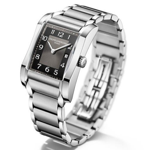 10021 באום מרסייה שעון יד יוניסקס מסדרת המפטון | שעון מלבני 27 מ';';מ בלוח כהה כולל תאריכון | מלאי מוגבל | שנתיים אחריות | Baume and Mercier Hampton Black Dial Stainless Steel Watch Model 10021