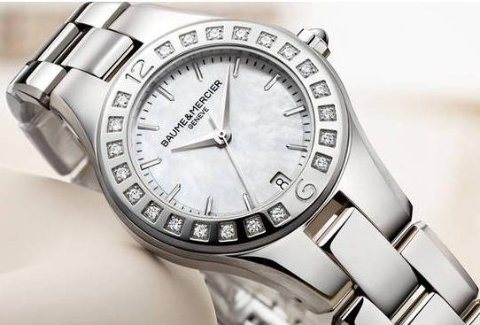 10078 שעון יוקרה לנשים של המותג השווצרי באום & מרסייה | באזל השעון משובץ ב 22 יהלומים | מגיע עם רצועת עור נוספת | לוח פנינה מרשים | שנתיים אחריות |10078 | Baume & Mercier Linea Diamond-set Steel 27mm