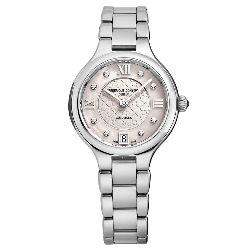 FC-306WHD3ER6B שעון כסוף יוקרתי של המותג פרדריק קונסטנט דגם אוטומט בלוח פנינה משובץ 8 יהלומים | מלאי מוגבל כולל שנתיים אחריות | Delight Automatic Diamond Ladies Watch FC-306WHD3ER6B Frederique