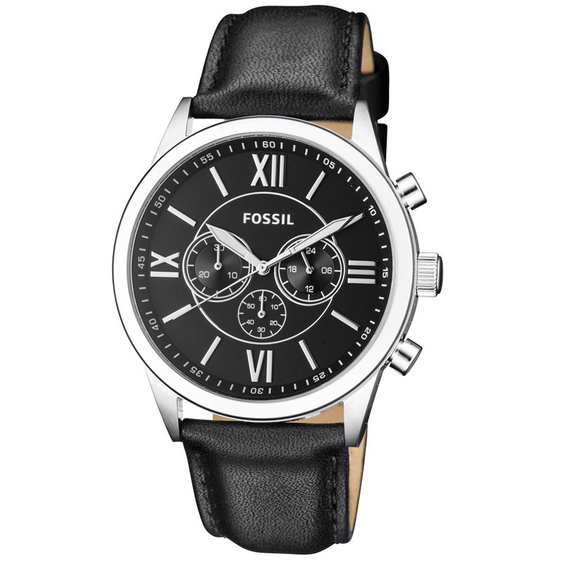 BQ1130 שעון פוסיל גדול לגברים | דגם אלגנטי ספורטיבי כרונוגרף ברצועת עור שחורה | שנתיים אחריות | מלאי מוגבל | Fossil BQ1130 Flynn 48mm Men';s Chronograph Black Leather Watch