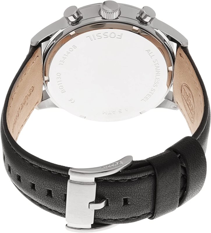 BQ1130 שעון פוסיל גדול לגברים | דגם אלגנטי ספורטיבי כרונוגרף ברצועת עור שחורה | שנתיים אחריות | מלאי מוגבל | Fossil BQ1130 Flynn 48mm Men';s Chronograph Black Leather Watch