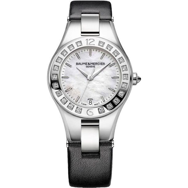 10078 שעון יוקרה לנשים של המותג השווצרי באום & מרסייה | באזל השעון משובץ ב 22 יהלומים | מגיע עם רצועת עור נוספת | לוח פנינה מרשים | שנתיים אחריות |10078 | Baume & Mercier Linea Diamond-set Steel 27mm
