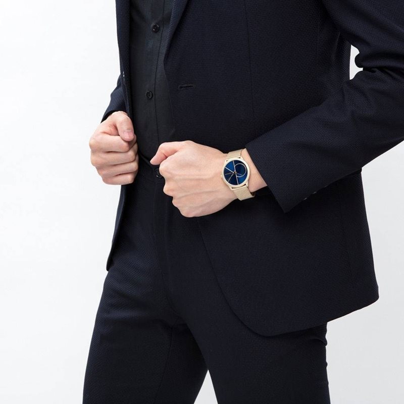 K3M5155N שעון יד קלווין קליין מסדרת מינימל לגברים | שעון זהב ברצועת ראשת ולוח כחול מיוחד | שנתיים אחריות |Calvin Klein Minimal Men Quartz K3M5155N Watch