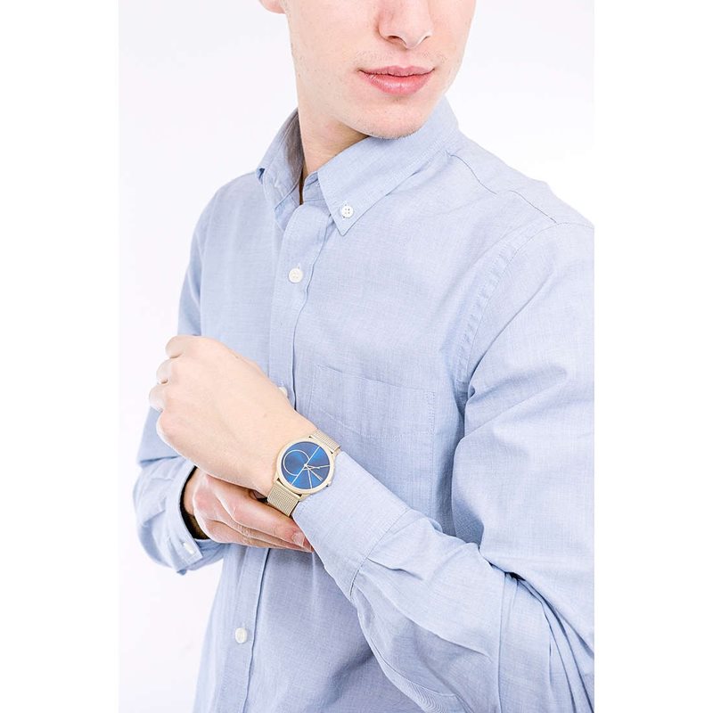 K3M5155N שעון יד קלווין קליין מסדרת מינימל לגברים | שעון זהב ברצועת ראשת ולוח כחול מיוחד | שנתיים אחריות |Calvin Klein Minimal Men Quartz K3M5155N Watch