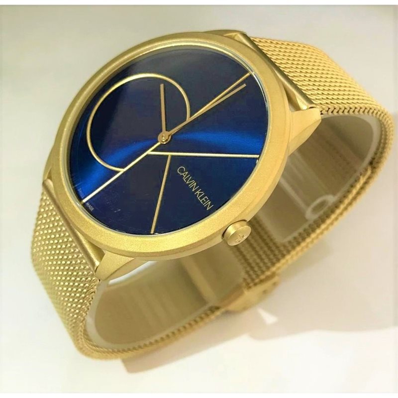 K3M5155N שעון יד קלווין קליין מסדרת מינימל לגברים | שעון זהב ברצועת ראשת ולוח כחול מיוחד | שנתיים אחריות |Calvin Klein Minimal Men Quartz K3M5155N Watch