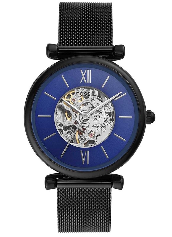 ME3177 שעון פוסיל אוטומטי לנשים | דגם מהקולקצייה החדשה ברצועת רשת שחורה | לוח כחול שקוף | שעוני אופנה לאישה |Fossil Carlie Automatic Blue Dial Ladies Watch ME3177