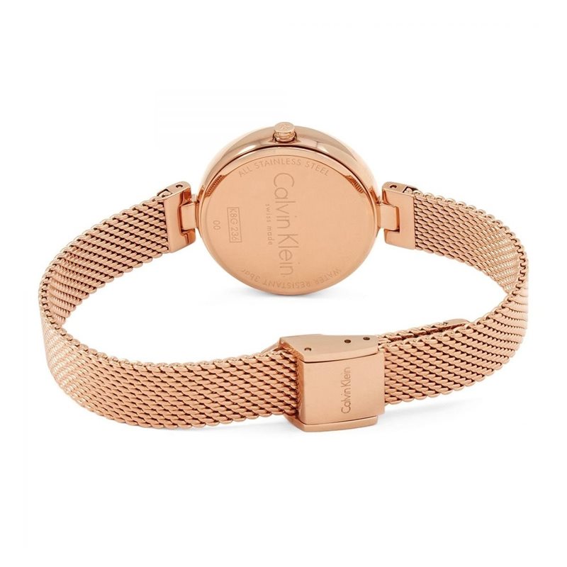 K8G23626 שעון יד קלווין קליין לנשים ברצועת רשת רוז גולד | לוח כסוף כולל שנתיים אחריות | שעוני אופנה לנשים | Buy Calvin Klein Analogue Silver Dial Women';s Watch - K8G23626