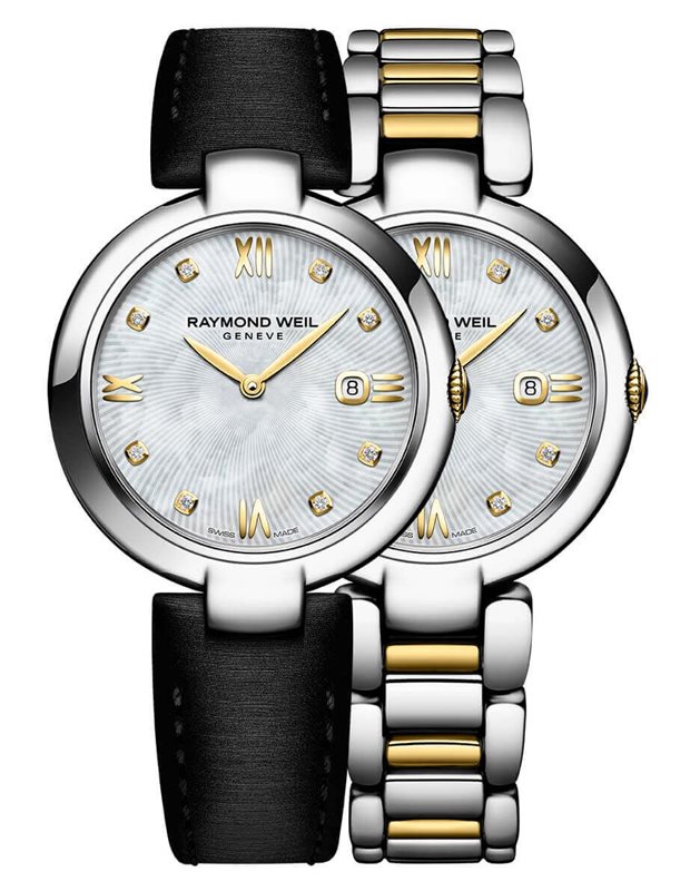 1600-STP-00995 שעון יד ריימונד וויל לנשים | דגם שמגיע עם רצועה נוספת להחלפה מהירה | דגם משולב זהב בכסף בלוח גלים משובץ יהלומים | שעוני יוקרה שווצריים לאישה במבצע | Raymond Weil 1600-STP-00995 Shine