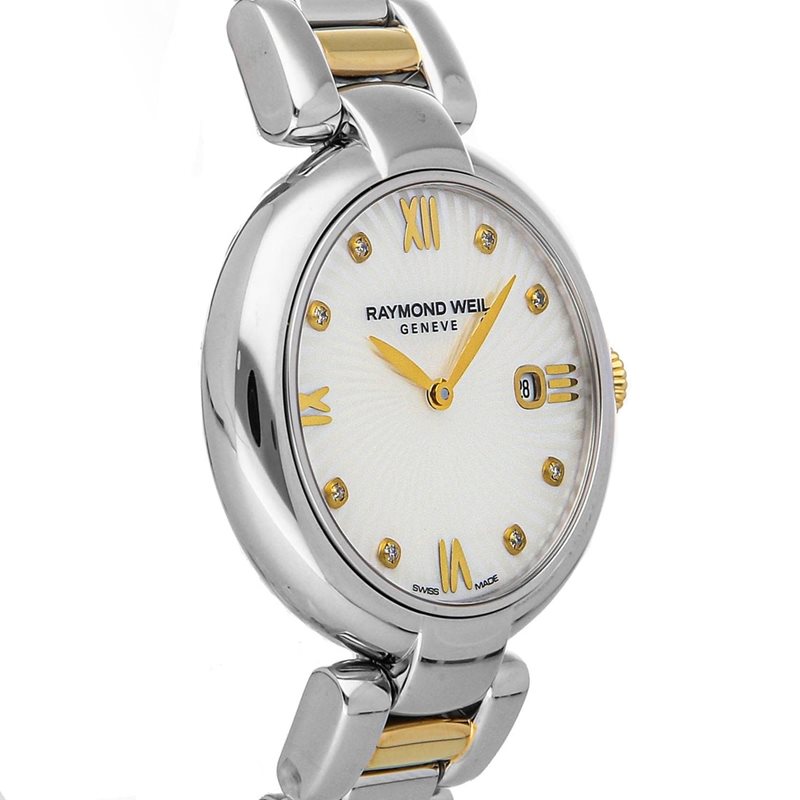 1600-STP-00995 שעון יד ריימונד וויל לנשים | דגם שמגיע עם רצועה נוספת להחלפה מהירה | דגם משולב זהב בכסף בלוח גלים משובץ יהלומים | שעוני יוקרה שווצריים לאישה במבצע | Raymond Weil 1600-STP-00995 Shine