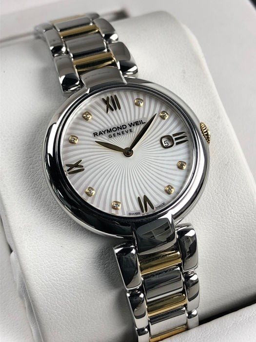 1600-STP-00995 שעון יד ריימונד וויל לנשים | דגם שמגיע עם רצועה נוספת להחלפה מהירה | דגם משולב זהב בכסף בלוח גלים משובץ יהלומים | שעוני יוקרה שווצריים לאישה במבצע | Raymond Weil 1600-STP-00995 Shine