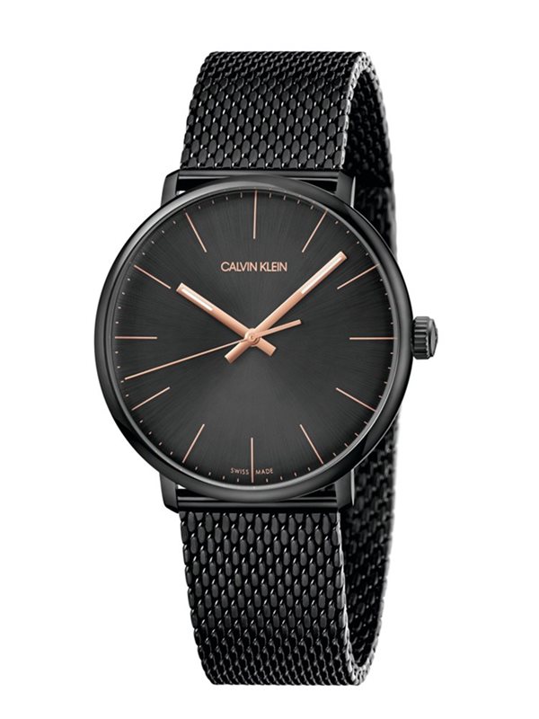 K8M21421 שעון קלווין קליין שחור אופנתי לגברים | דגם ברצועת רשת לוח שחור עם מחוגי זהב למראה יוקרתי | מלאי מוגבל | שנתיים אחריות | Calvin Klein Black PVD Mesh Bracelet Watch K8M21421