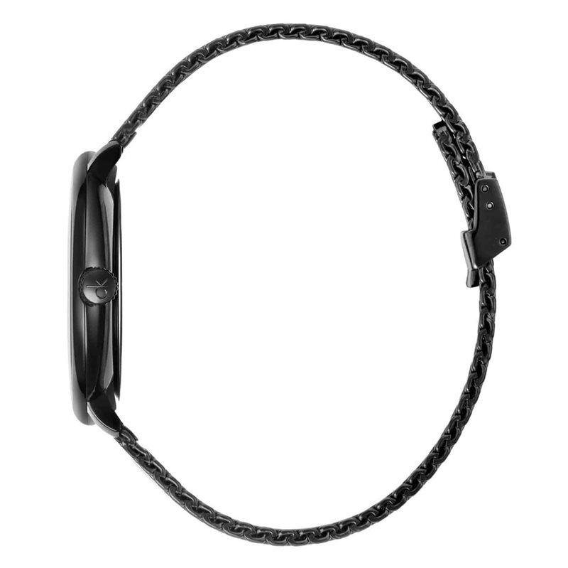 K8M21421 שעון קלווין קליין שחור אופנתי לגברים | דגם ברצועת רשת לוח שחור עם מחוגי זהב למראה יוקרתי | מלאי מוגבל | שנתיים אחריות | Calvin Klein Black PVD Mesh Bracelet Watch K8M21421