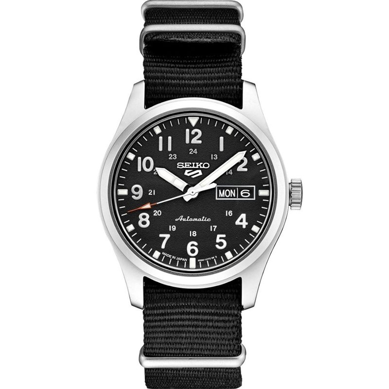 SRPG37 שעון סייקו 5 לגברים דגם חדש ברצועת ספורט שחורה | מנגנון אוטומטי | דגמים חדשים כולל שנתיים אחריות יבואן רישמי בישראל | Seiko 5 Sports Automatic Black Dial Silver-tone Steel Case SRPG37