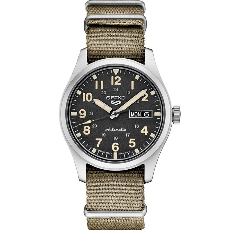 SRPG35 שעון סייקו 5 ברצועת ספורט | מנגנון אוטומטי רצועת בד איכותית | חנות שעוני סייקו בראשון לציון | Seiko 5 Sports 24-Jewel Automatic Watch with Black Dial SRPG35