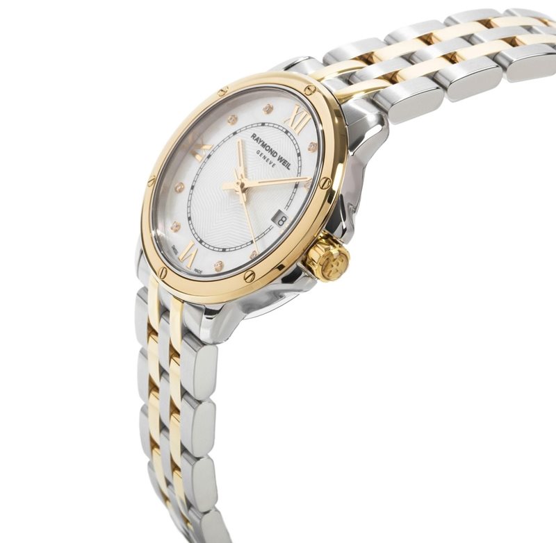 5391-STP-00995 שעון ריימונד ווייל יוקרתי לנשים מסדרת טנגו | דגם טוטון זהב צהוב לוח לבן פנינה משובץ 8 יהלומים וספרות רומיות | מלאי מוגבל | שנתיים אחריות Raymond Weil Tango Ladies Two Tone 5391-STP-0099