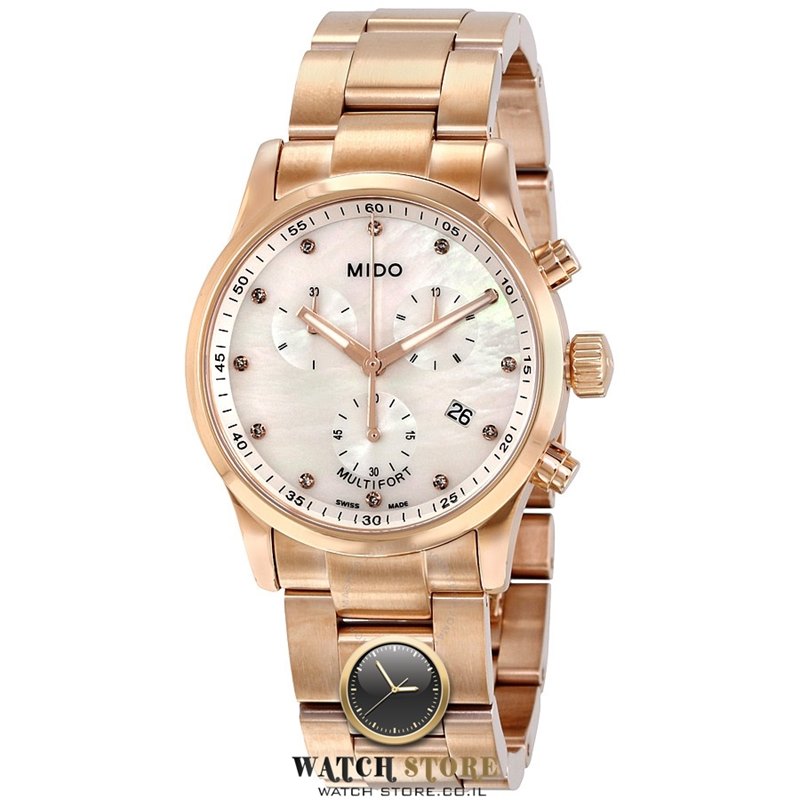 שעון יד מידו זהב רוז לוח פנינה משובץ לאישה במבצע | Mido M0052173311600 Watch Multifort | חנות שעוני יוקרה