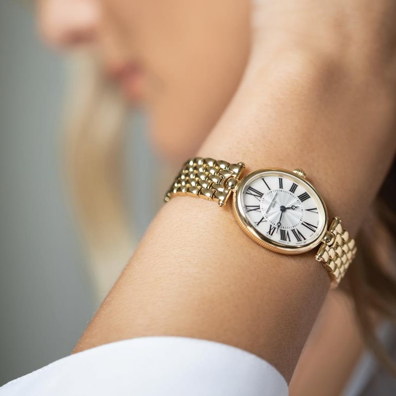 FC-200MPW2V5B שעון מושלם לנשים של פרדריק קונסטנט דגם עדין קלאסי ואלגנטי | שעון זהב בלוח לבן ספרות רומיות | כתר חום מיוחד | מלאי מוגבל | שנתיים אחריות | Frederique Constant Art Deco Classics FC-200MPW2