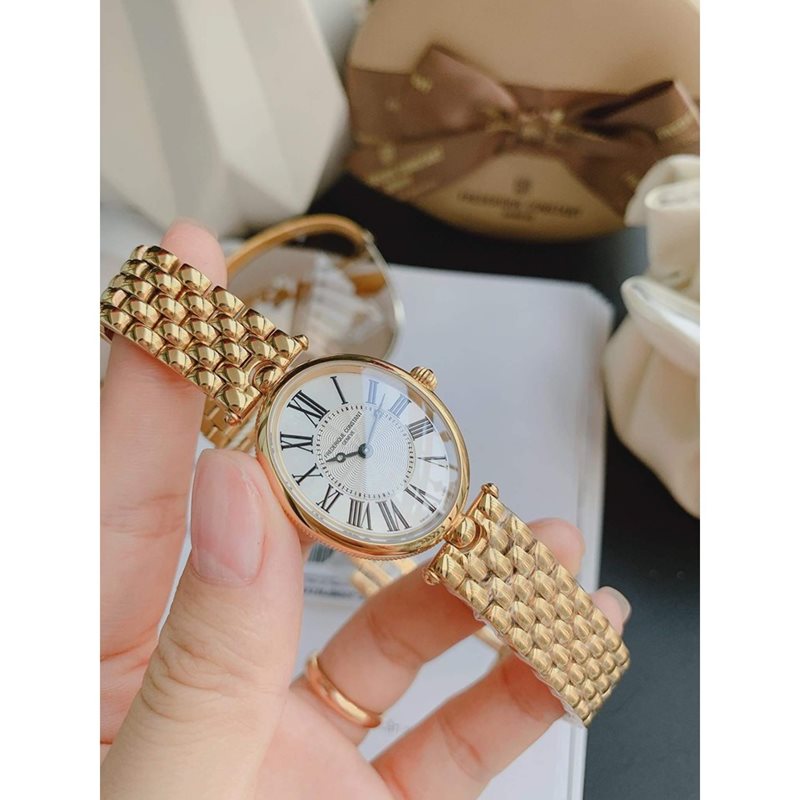 FC-200MPW2V5B שעון מושלם לנשים של פרדריק קונסטנט דגם עדין קלאסי ואלגנטי | שעון זהב בלוח לבן ספרות רומיות | כתר חום מיוחד | מלאי מוגבל | שנתיים אחריות | Frederique Constant Art Deco Classics FC-200MPW2