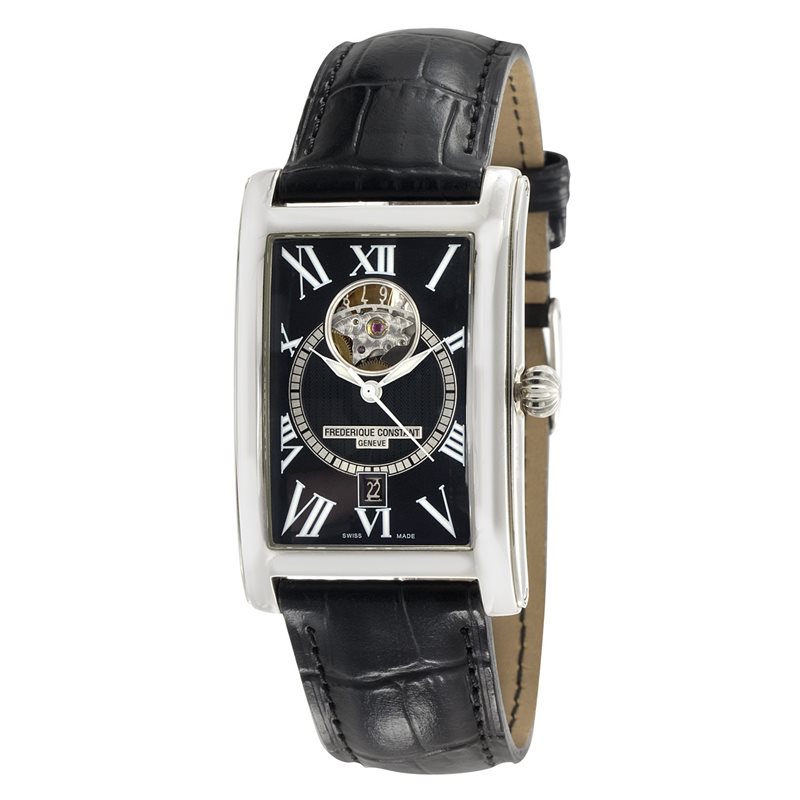 FC-315BS4C26 שעון מיוחד מלבני של פרדריק קונסטנט | דגם אלגנטי ברצועת עור קרוק אוטומטי בלוח שחור רומי חלון אחורי שקוף | מלאי מוגבל | שנתיים אחריות | Frederique Constant Carree Black Automatic FC-315BS4