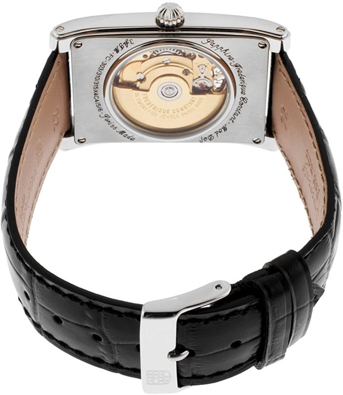 FC-315BS4C26 שעון מיוחד מלבני של פרדריק קונסטנט | דגם אלגנטי ברצועת עור קרוק אוטומטי בלוח שחור רומי חלון אחורי שקוף | מלאי מוגבל | שנתיים אחריות | Frederique Constant Carree Black Automatic FC-315BS4