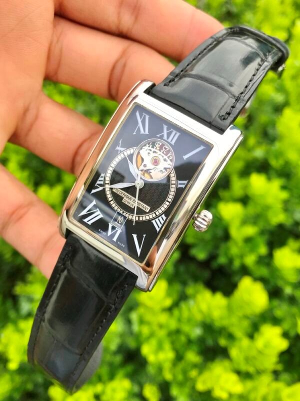 FC-315BS4C26 שעון מיוחד מלבני של פרדריק קונסטנט | דגם אלגנטי ברצועת עור קרוק אוטומטי בלוח שחור רומי חלון אחורי שקוף | מלאי מוגבל | שנתיים אחריות | Frederique Constant Carree Black Automatic FC-315BS4