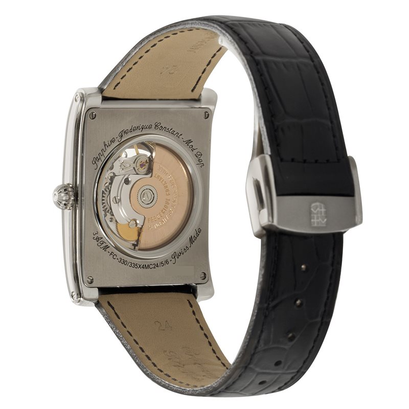FC-315BS4C26 שעון מיוחד מלבני של פרדריק קונסטנט | דגם אלגנטי ברצועת עור קרוק אוטומטי בלוח שחור רומי חלון אחורי שקוף | מלאי מוגבל | שנתיים אחריות | Frederique Constant Carree Black Automatic FC-315BS4