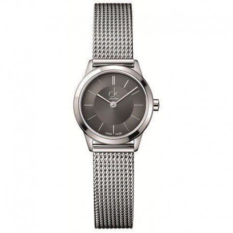 K3M23124 שעון יד קלווין קליין לנשים דגם כסוף בלוח אפור פסים | רצועת רשת אופנתית | מנגנון שווצרי | שנתיים אחריות | מלאי מוגבל | Calvin Klein Minimal Quartz Grey Dial Ladies Watch K3M23124