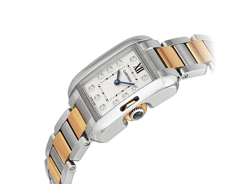 WT100024 שעון יוקרה של קרטייה יד 2 לנשים | דגם טנק אנגלייז טוטון רוז גולד 18K לוח משובץ יהלומים | שעון במצב חדש כולל כל התעודות ושנה אחריות | Cartier Tank Anglaise Small Silver Dial Stainless Steel 18