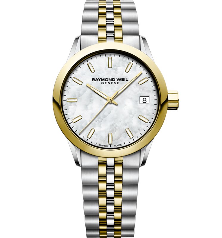 5634-STP-97021 שעון מושלם לנשים של ריימונד וויל שוויץ | לוח פנינה אינדקס זוהר בחשכה רצועה משולבת זהב | שנתיים אחריות יבואן רשמי | Raymond Weil Freelancer Two-Tone Swiss Quartz Watch 5634-STP-97021