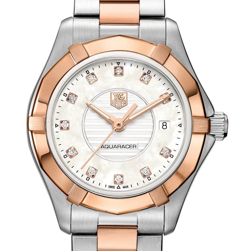 WAP1451.BD0837 שעון יוקרה של טאג הויאר לנשים | דגם רוז גולד 18K משולב ברצועה | לוח פנינה משובץ 11 יהלומים | מלאי מוגבל כולל שנתיים אחריות | WAP1451.BD0837 - TAG Heuer Aquaracer Quartz 18K DIAMOND Watc