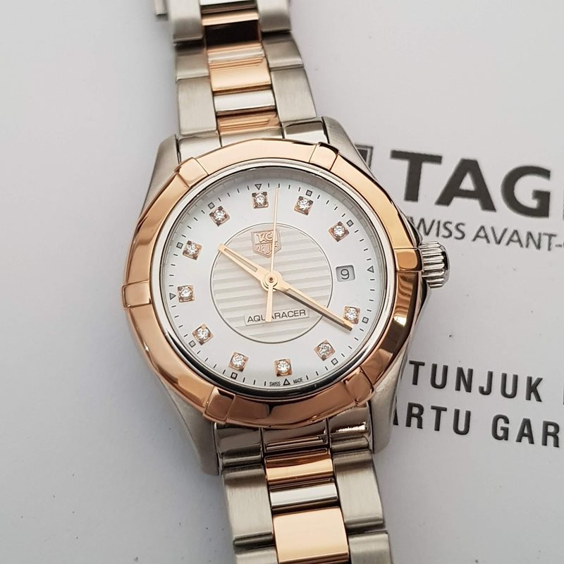 WAP1451.BD0837 שעון יוקרה של טאג הויאר לנשים | דגם רוז גולד 18K משולב ברצועה | לוח פנינה משובץ 11 יהלומים | מלאי מוגבל כולל שנתיים אחריות | WAP1451.BD0837 - TAG Heuer Aquaracer Quartz 18K DIAMOND Watc