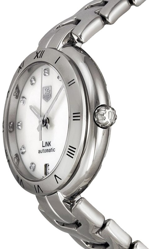 WAT2315.BA0956 שעון טאג הויאר לנשים | דגם אוטומטי חלון אחורי שקוף | לוח לבן פנינה משובץ 11 יהלומים | מלאי מוגבל | שנתיים אחריות |Tag Heuer Link Automatic Movement MOP Dial Ladies Watch WAT2315.BA0956