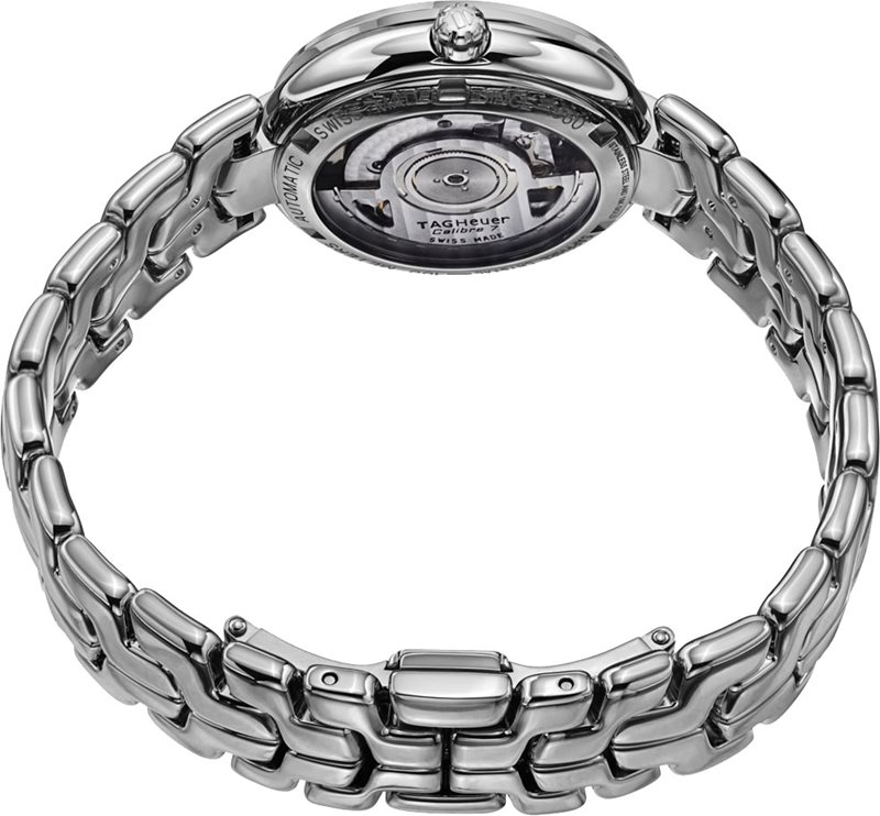 WAT2315.BA0956 שעון טאג הויאר לנשים | דגם אוטומטי חלון אחורי שקוף | לוח לבן פנינה משובץ 11 יהלומים | מלאי מוגבל | שנתיים אחריות |Tag Heuer Link Automatic Movement MOP Dial Ladies Watch WAT2315.BA0956